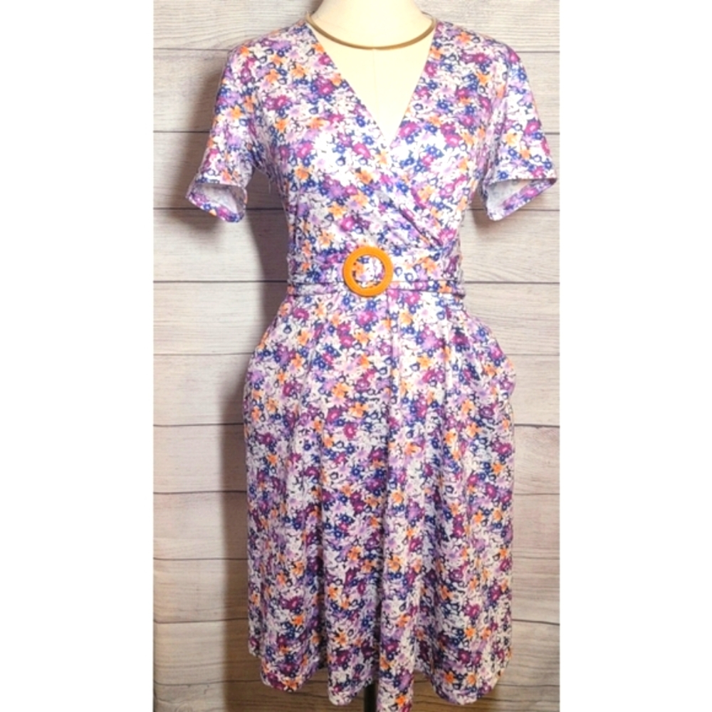 Helyo Fashion Women's Dress Size S Floral Multicolor Criss-Cross V Neck Pockets